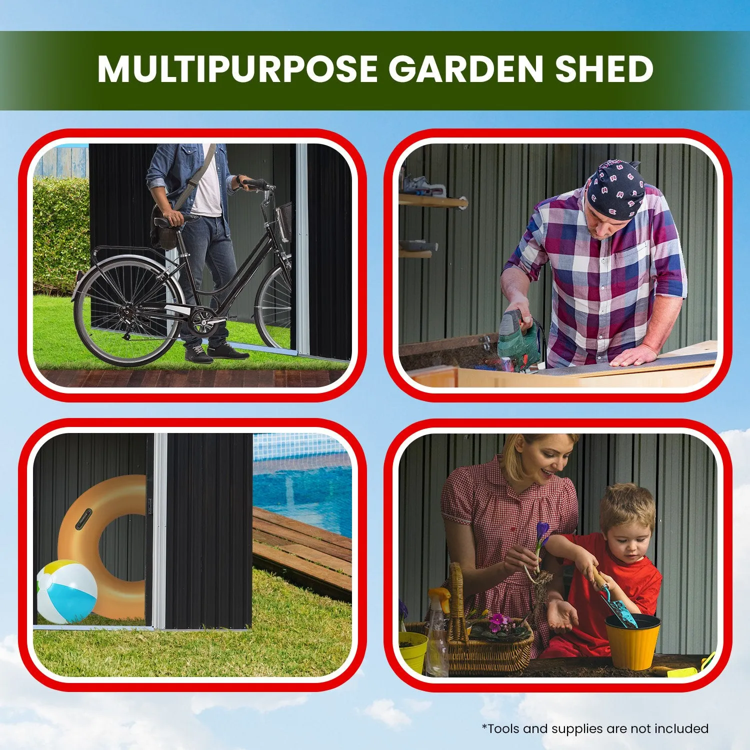 10x8ft Zinc Steel Garden Shed with Open Storage | Color: Black | Brand: Wallaroo