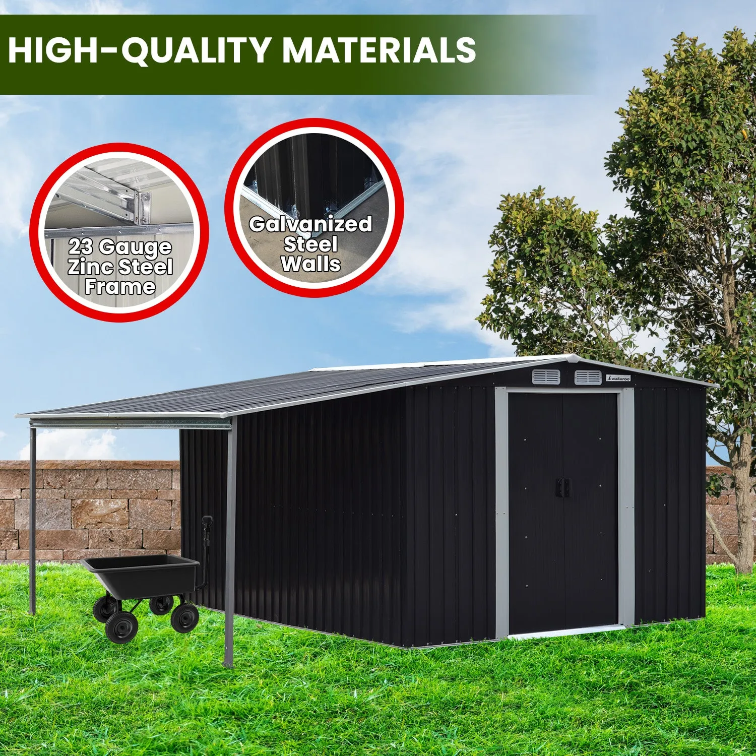 10x8ft Zinc Steel Garden Shed with Open Storage | Color: Black | Brand: Wallaroo