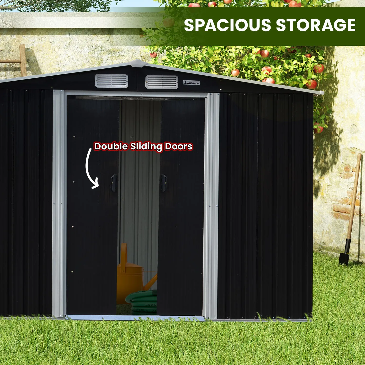 10x8ft Zinc Steel Garden Shed with Open Storage | Color: Black | Brand: Wallaroo