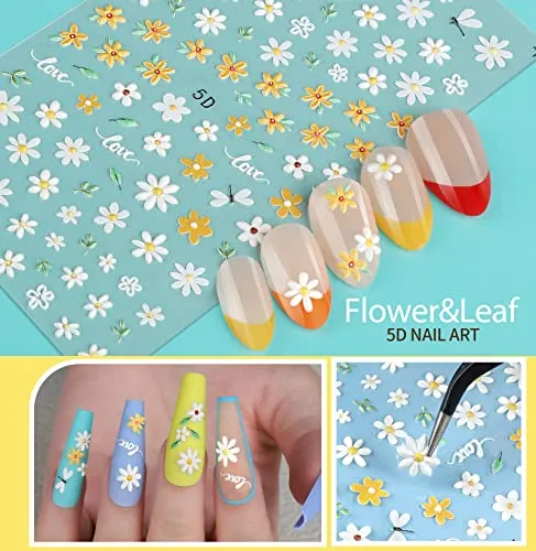 12 Sheets Nail Art Sticker Self-Adhesive, Teenitor Flower Nail Stickers 5D Embossed Nail Decals, 5 Boxes Nail Art Glitter Sequins Flakes, Nail Art Design Tools Self Adhesive Nail Art Supplies