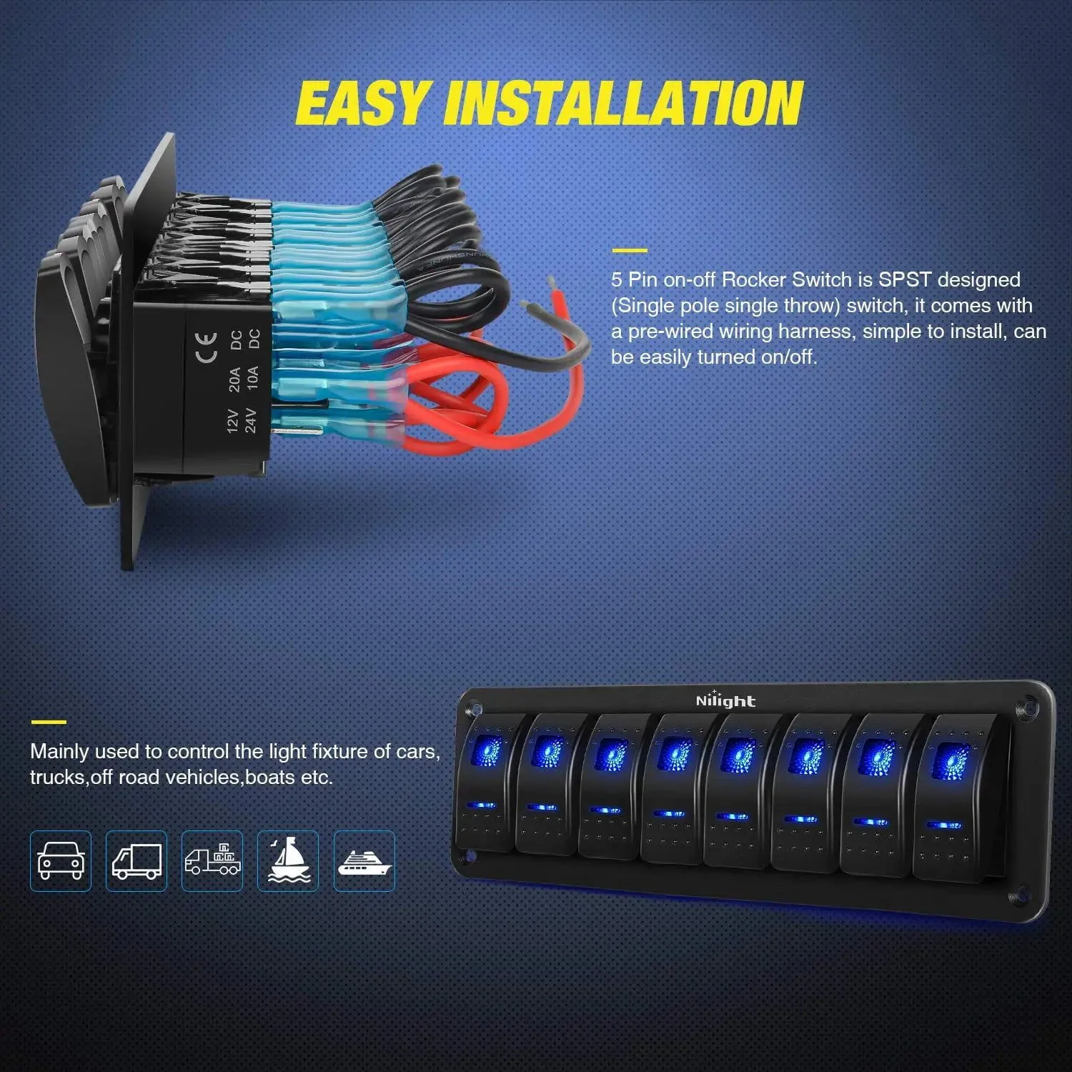 8Gang Aluminum 5Pin ON/Off Blue Rocker Switch Panel