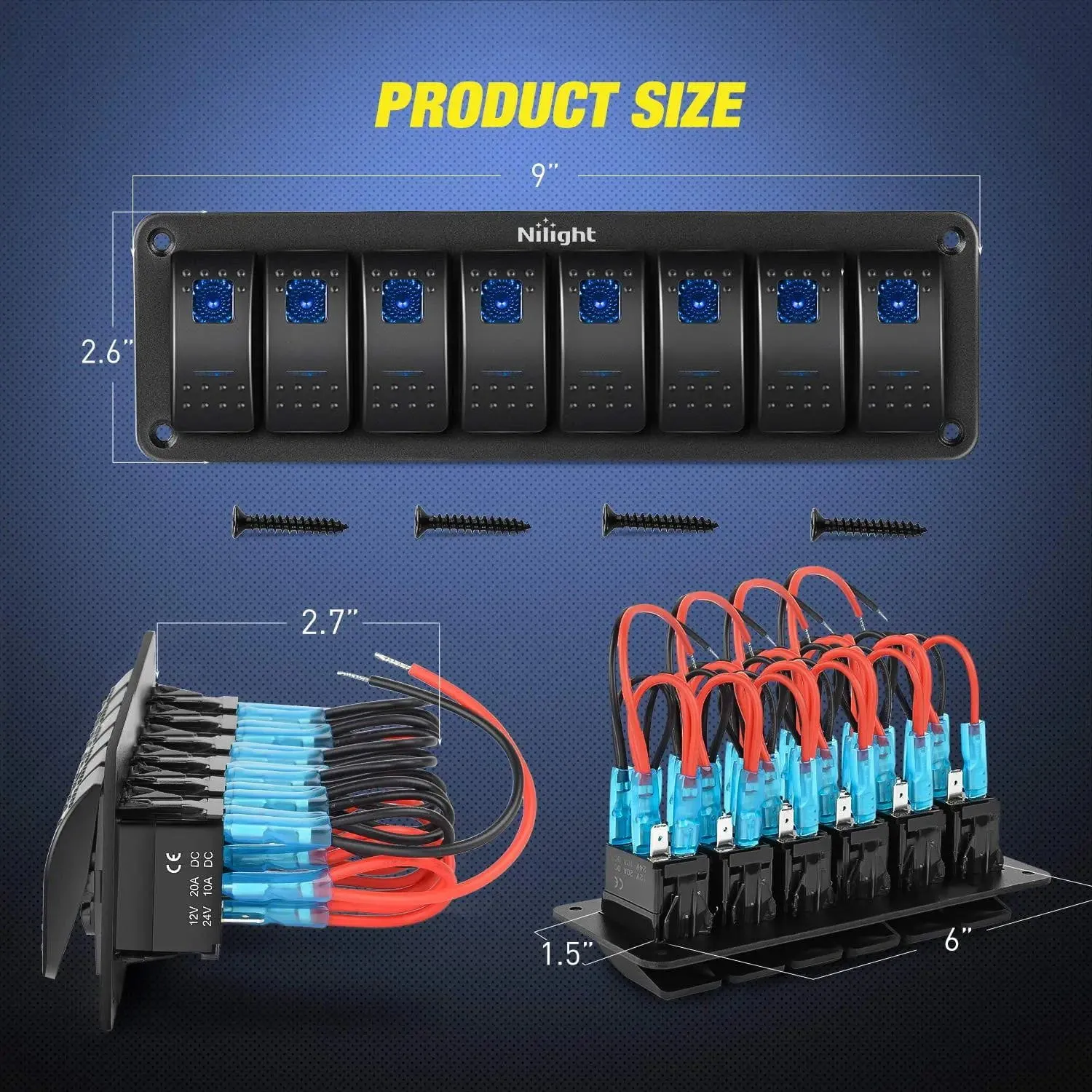 8Gang Aluminum 5Pin ON/Off Blue Rocker Switch Panel