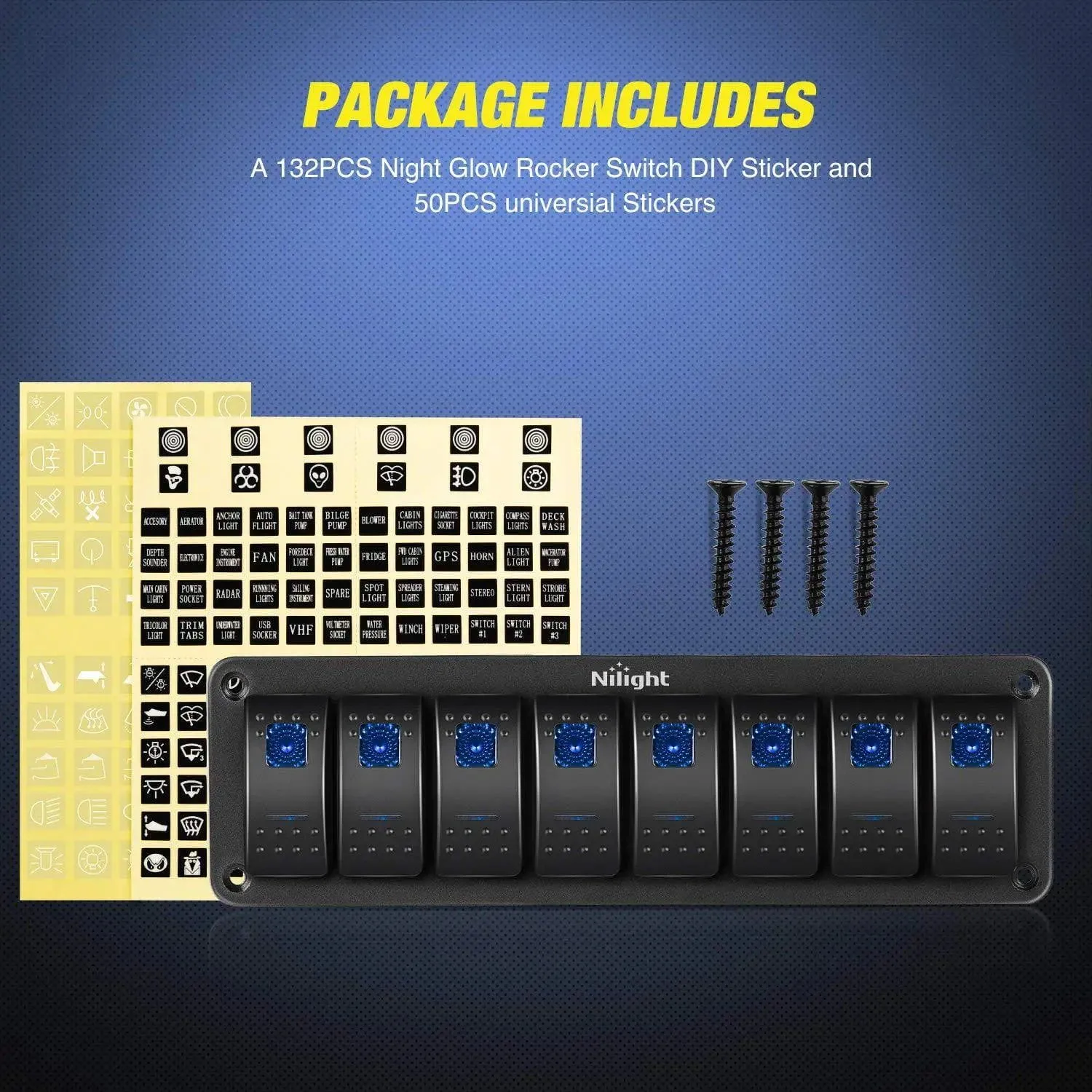 8Gang Aluminum 5Pin ON/Off Blue Rocker Switch Panel