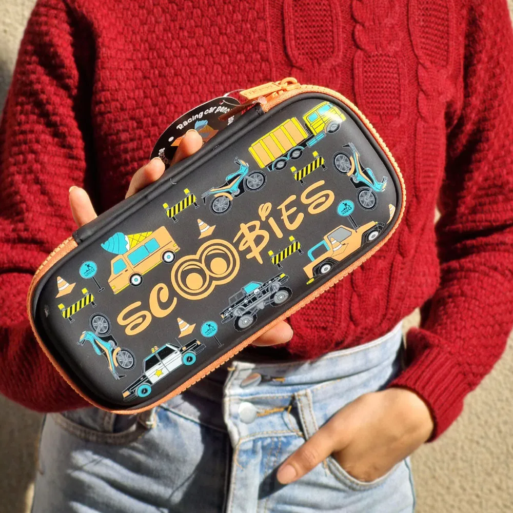 Scoobies Construction Racing Pencil Case | With Separate Pens Slot | Premium EVA Quality | Multi-Use Pouch