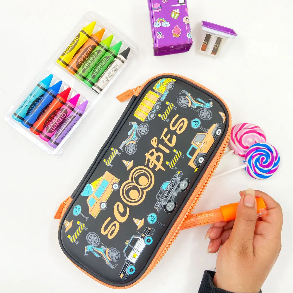 Scoobies Construction Racing Pencil Case | With Separate Pens Slot | Premium EVA Quality | Multi-Use Pouch
